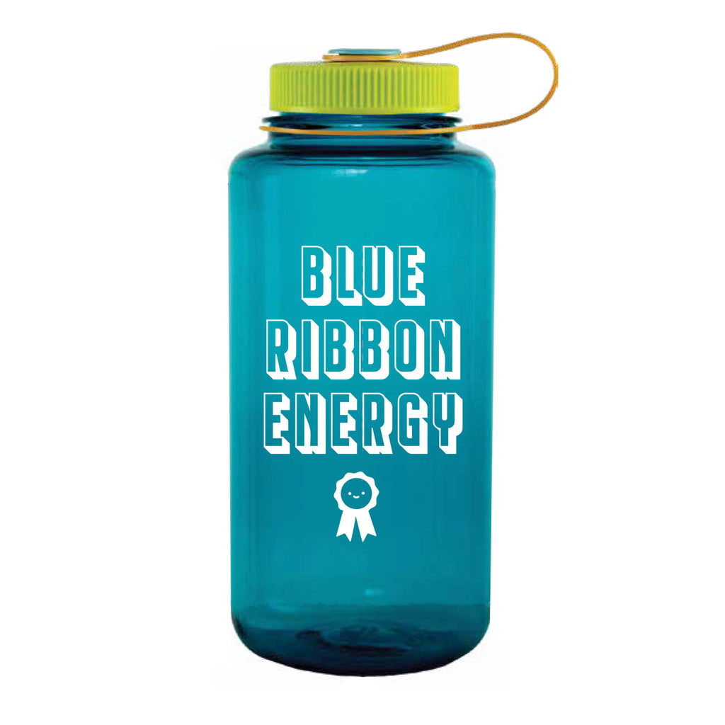Liberty Mountain Cerulean Blue 32 oz Nalgene plastic water bottle with "blue ribbon energy" in white on the front. The screw-in lid is spring green with a light orange strap and blue top.