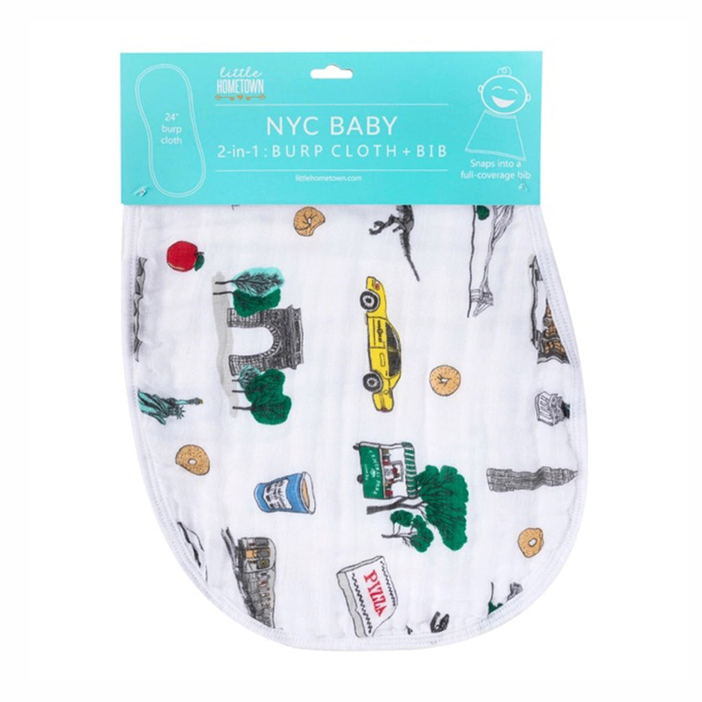 Little Hometown NYC Baby 2-in-1 Burp Cloth and Bib made from a bamboo and cotton blend muslin with illustrations of NYC icons on a white background, shown in packaging.