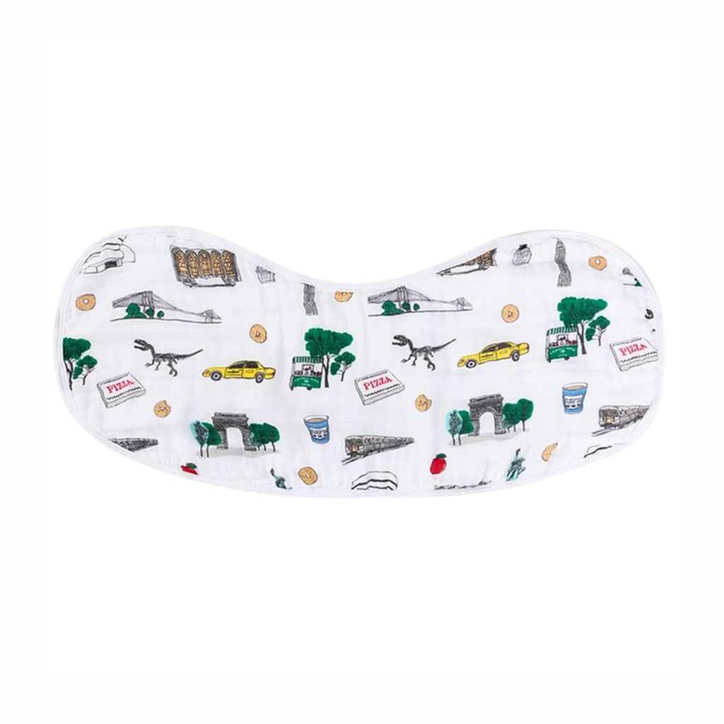 Little Hometown NYC Baby 2-in-1 Burp Cloth and Bib made from a bamboo and cotton blend muslin with illustrations of NYC icons on a white background, unfolded all the way.
