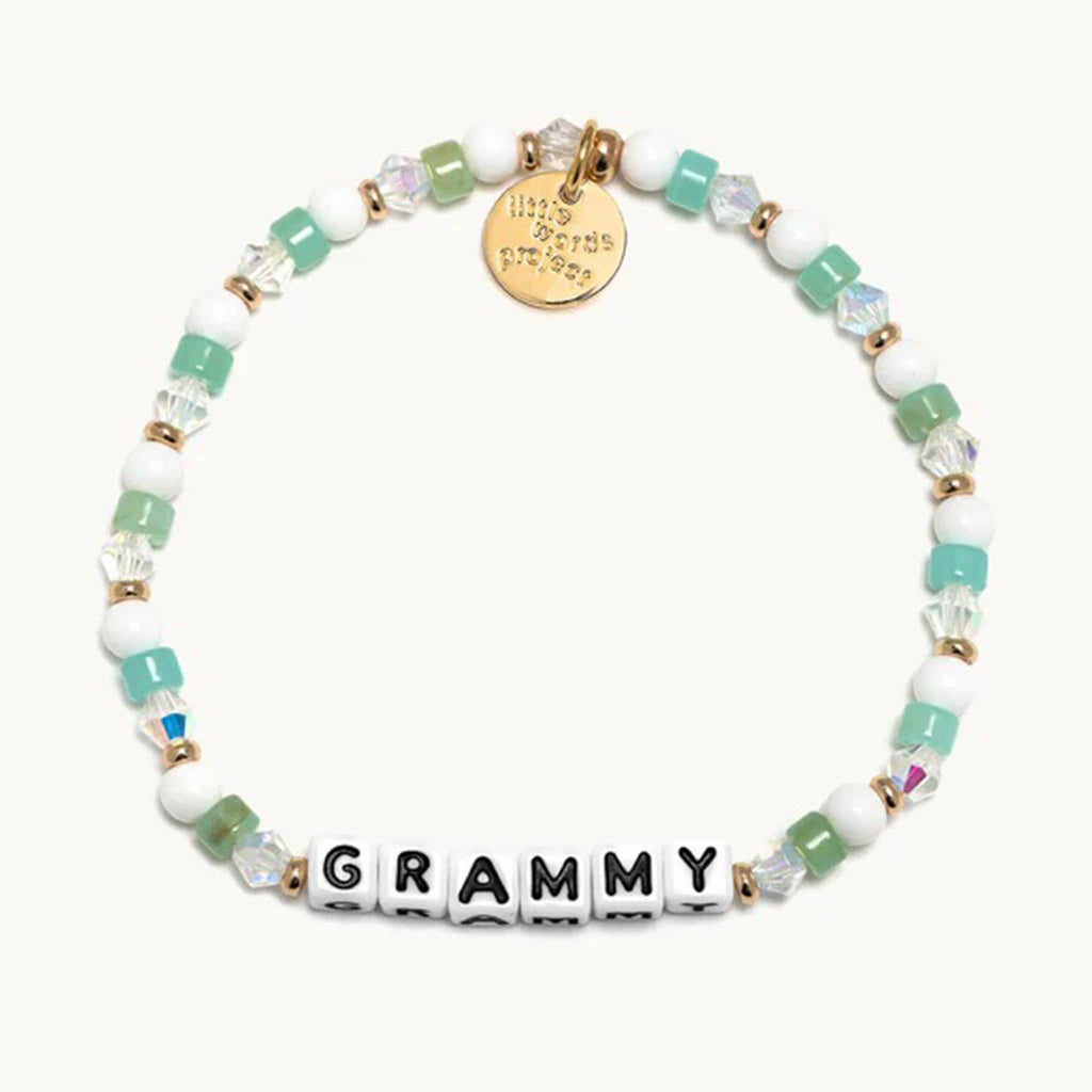 Little Words Project Grammy beaded elastic bracelet in matcha bead design;  aqua, green and white beads with iridescent faux crystal beads, gold spacer beads and letter beads.