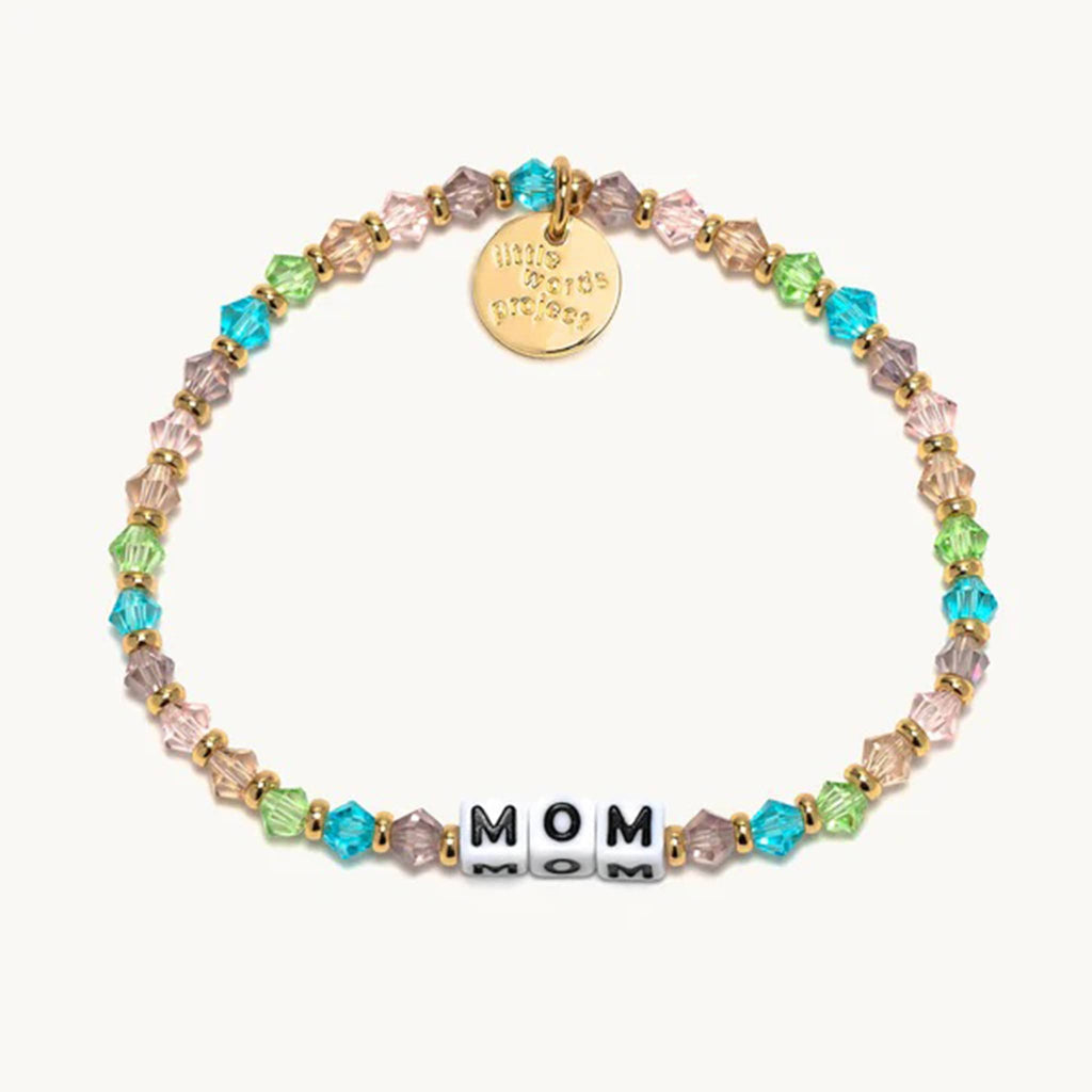 Little Words Project Mom beaded elastic bracelet in sunshower bead design; pink, purple, blue and green faux crystal beads with gold spacer beads and letter beads.