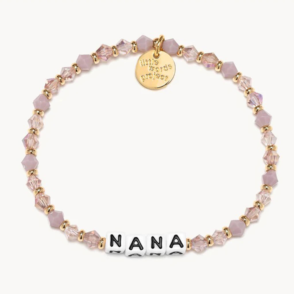 Little Words Project Nana beaded elastic bracelet in dreamier bead design, translucent and opaque pink beads with gold spacer beads and letter beads.