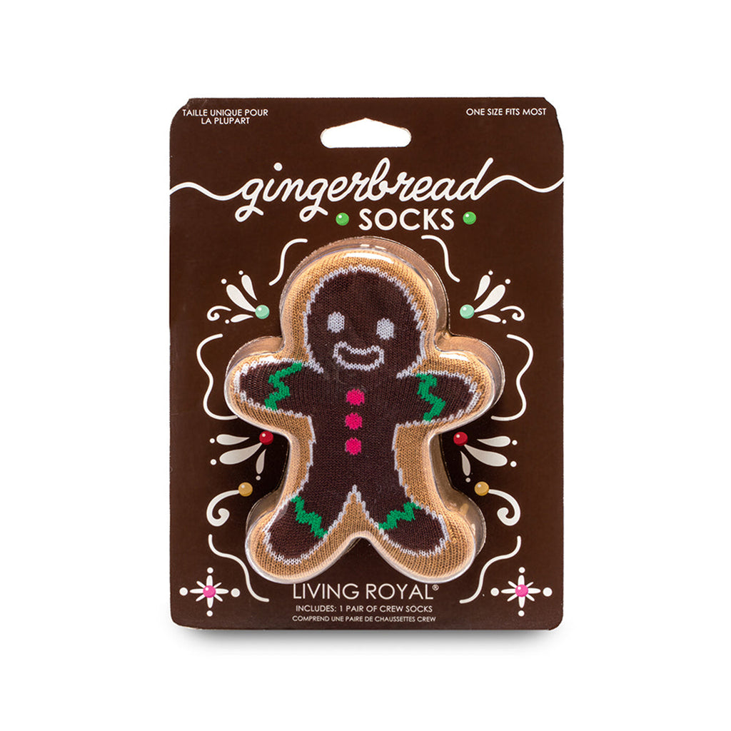 living royal gingerbread unisex crew socks in 3d packaging.