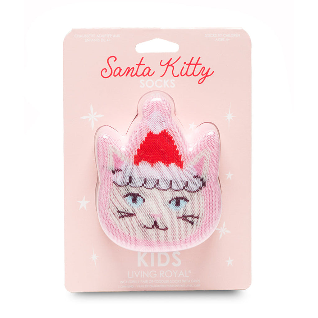 living royal kids santa kitty socks in 3d cat shaped packaging.