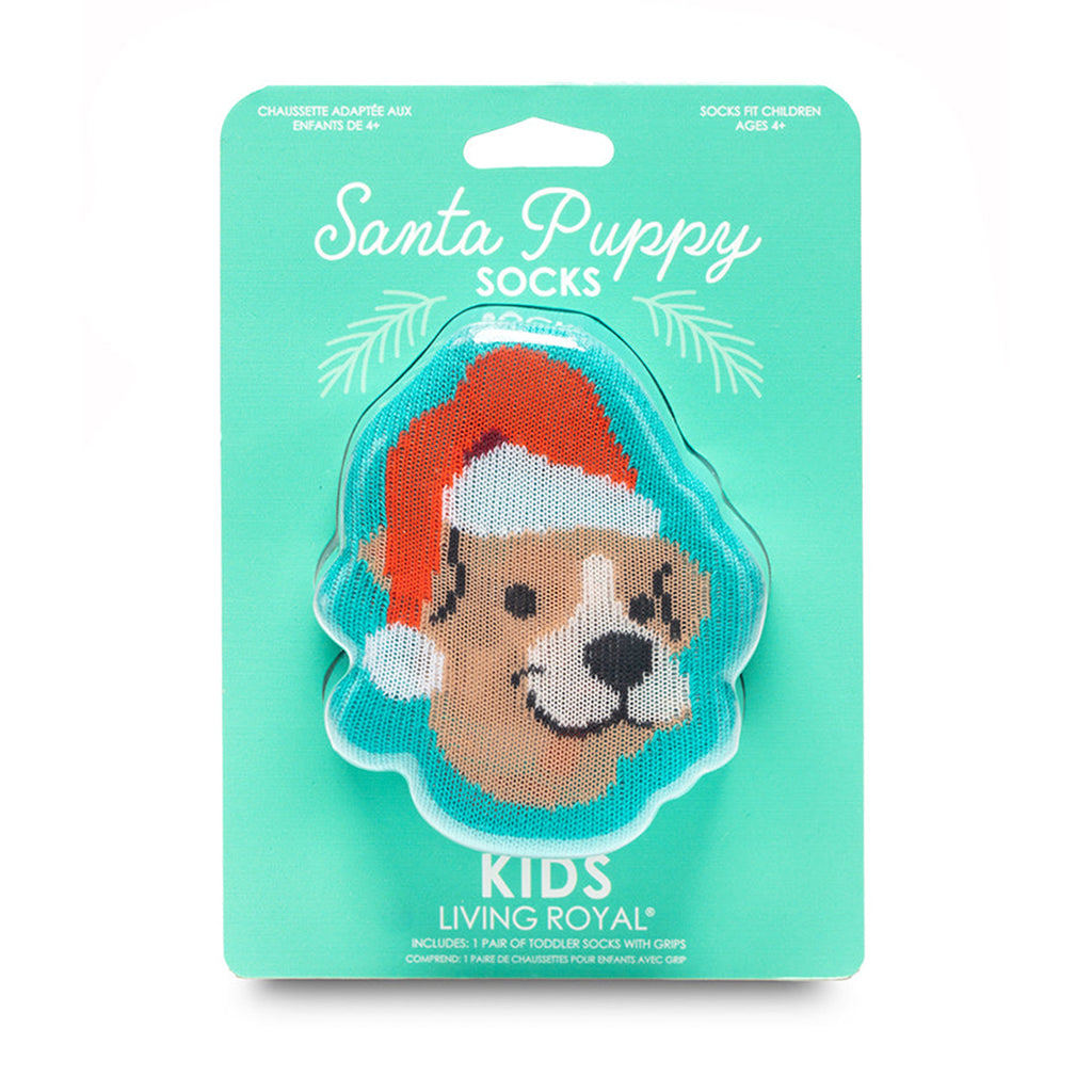 living royal kids santa puppy socks in 3d packaging.