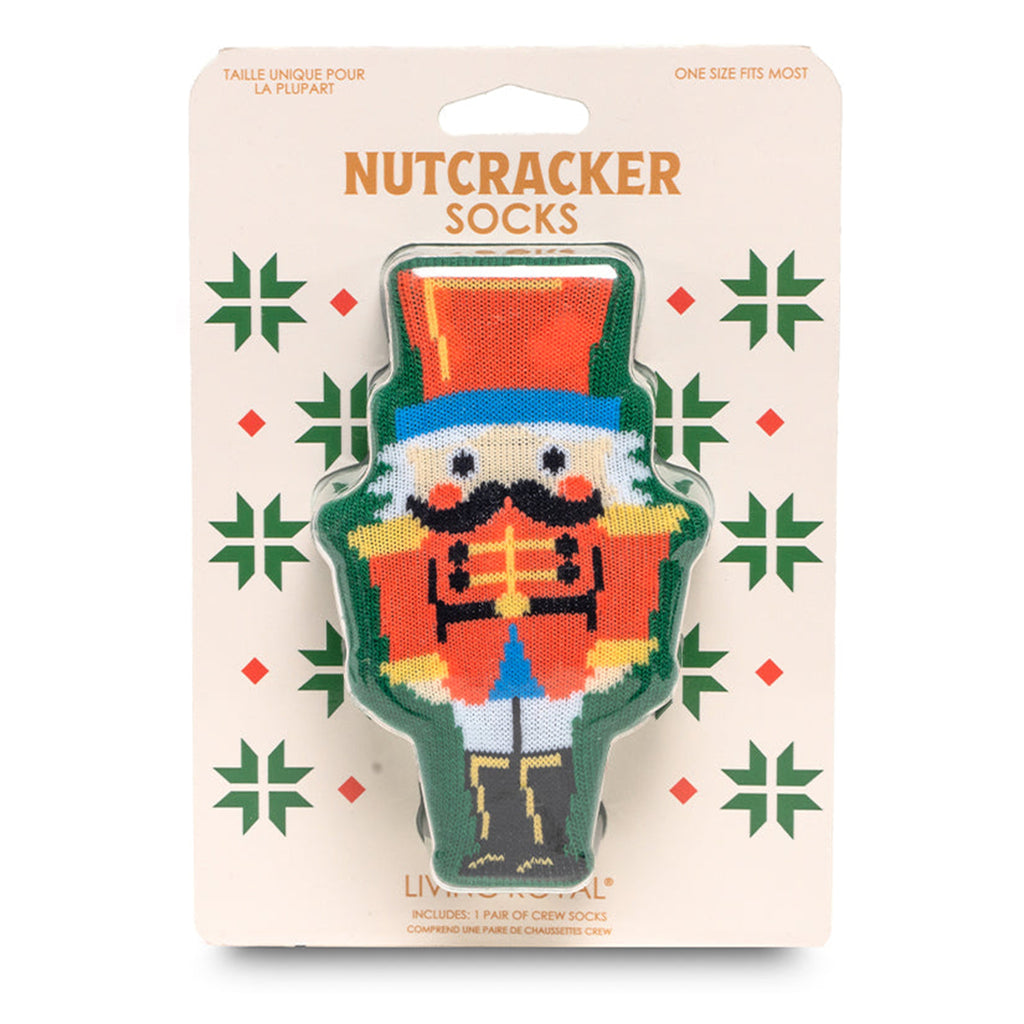 living royal nutcracker crew socks in 3d packaging.