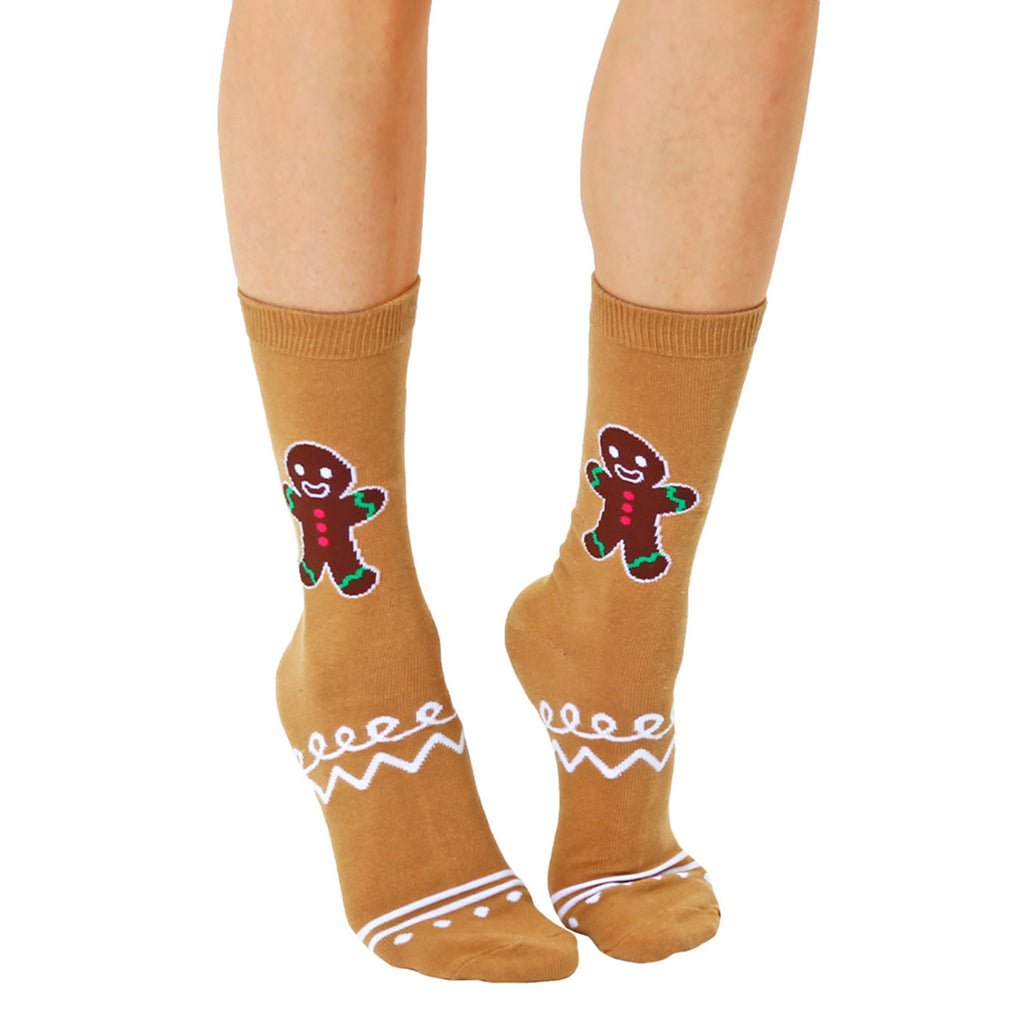 living royal gingerbread unisex crew socks on model.