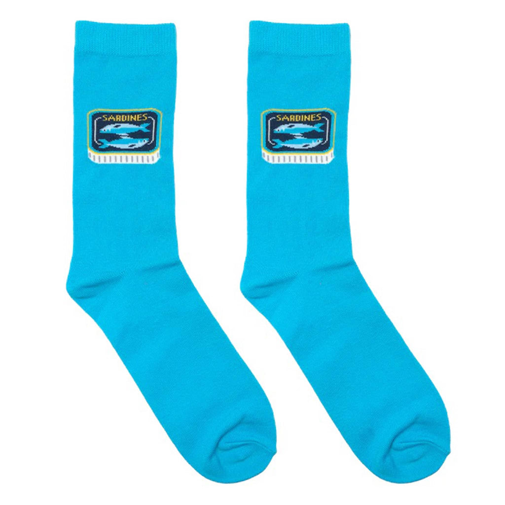 Living Royal sardine tinned fish blue unisex crew socks, flat.