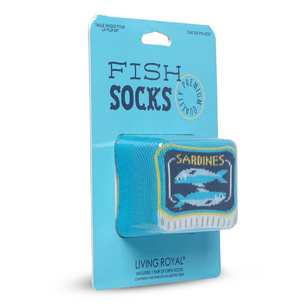 Living Royal sardine tinned fish blue unisex crew socks in 3D packaging, front angle view.