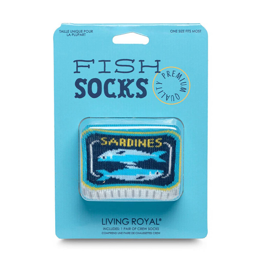 Living Royal sardine tinned fish blue unisex crew socks in 3D packaging, front view.