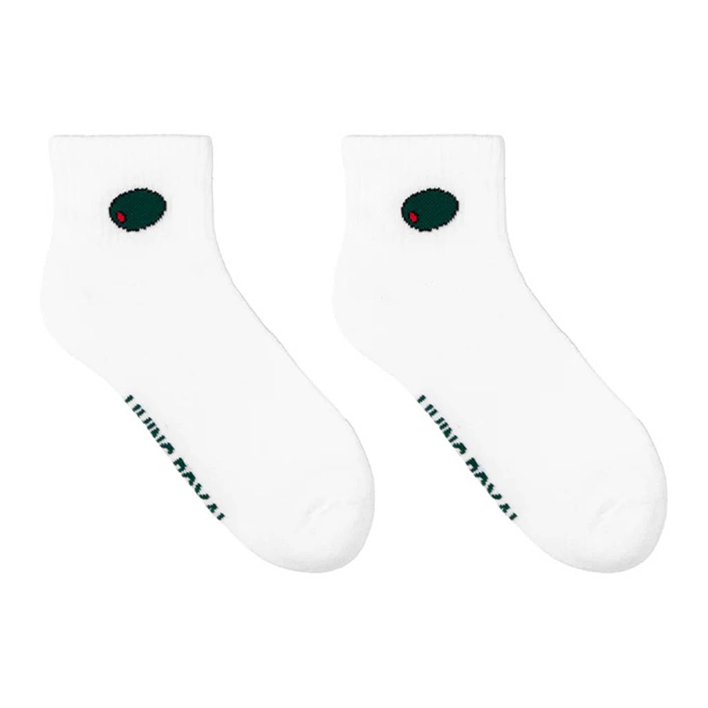 White ankle socks with green olives at the top and brand name on a white background.