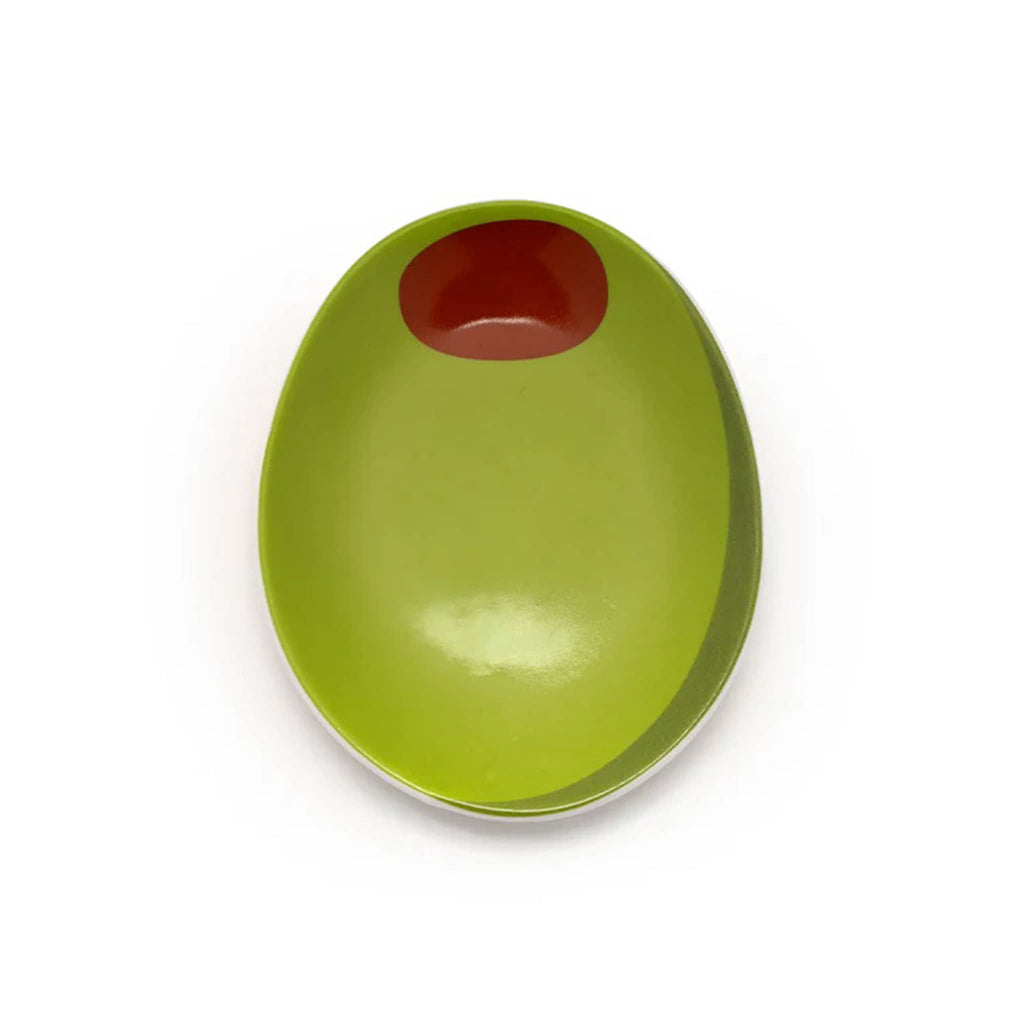 Olive-shaped ceramic trinket tray painted green with a red circle, overhead view, on a white background.