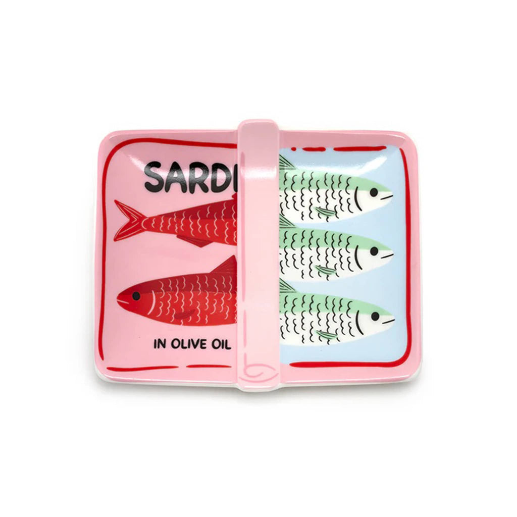 Ceramic trinket tray painted to look like a partially opened sardine can, overhead view on a white background.