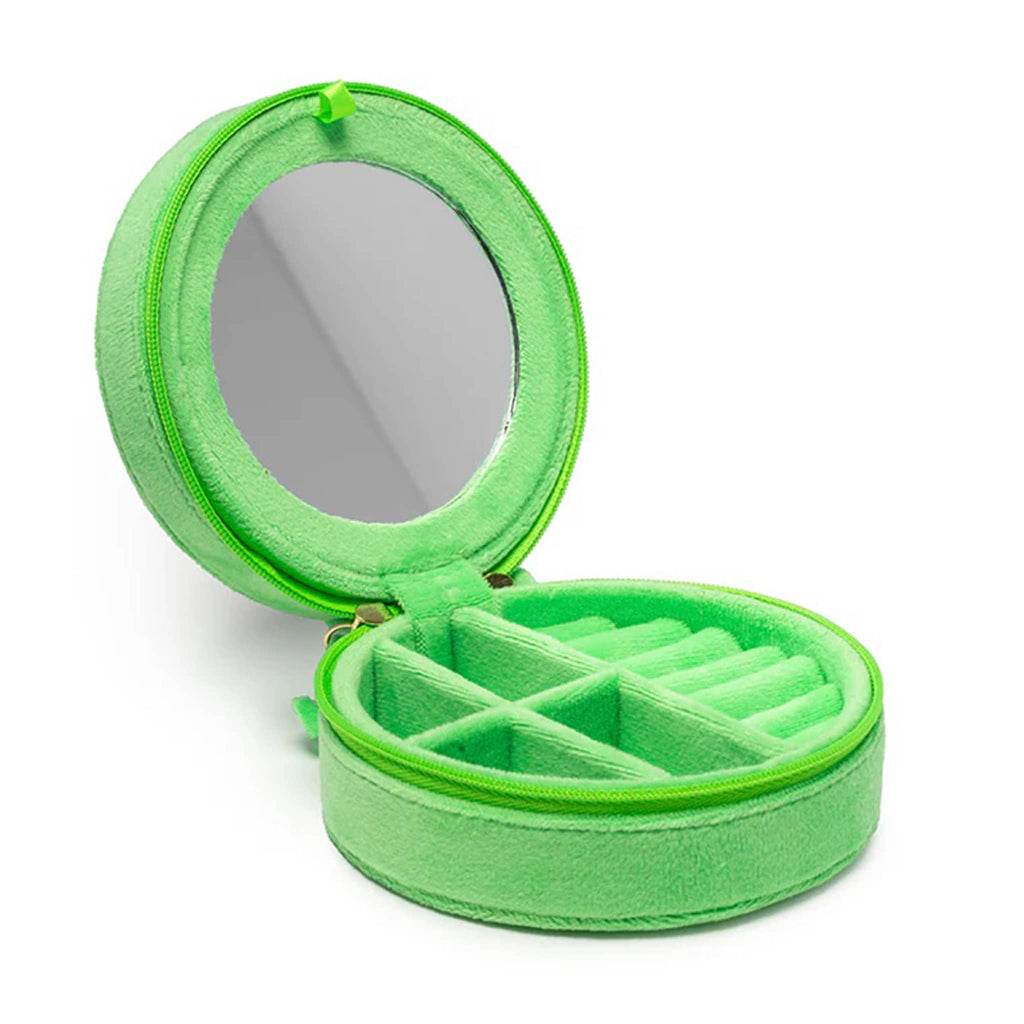 Living Royal round green velvet travel jewelry zip case with embroidered cat design, open to show compartments inside and built-in mirror.