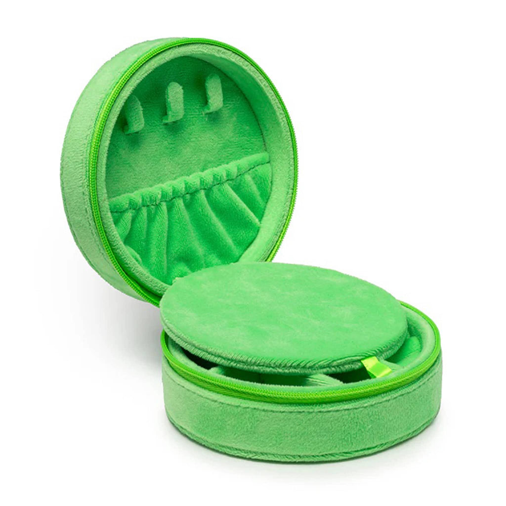 Living Royal round green velvet travel jewelry zip case with embroidered cat design, open to show compartments inside.