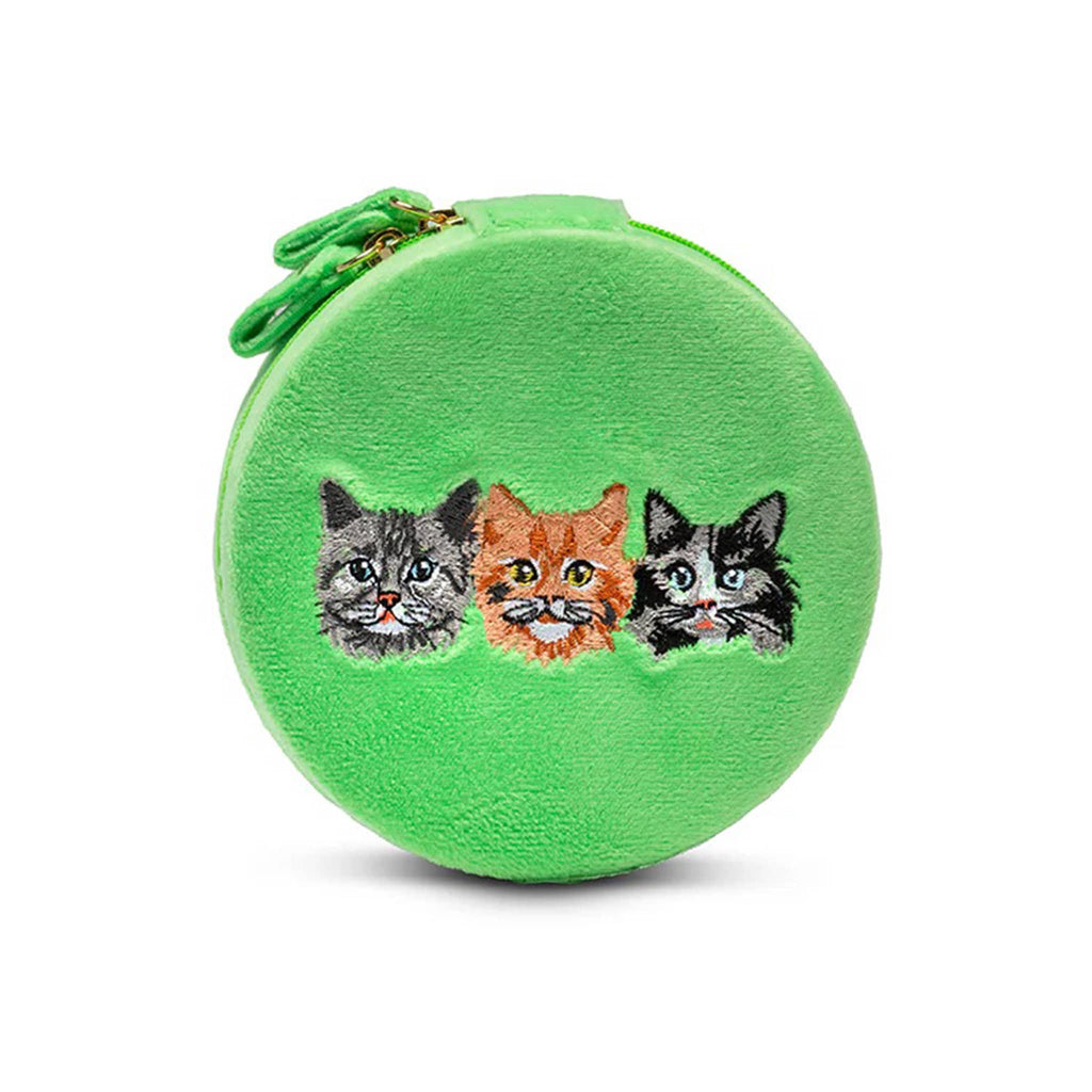 Living Royal round green velvet travel jewelry zip case with embroidered cat design, top view.