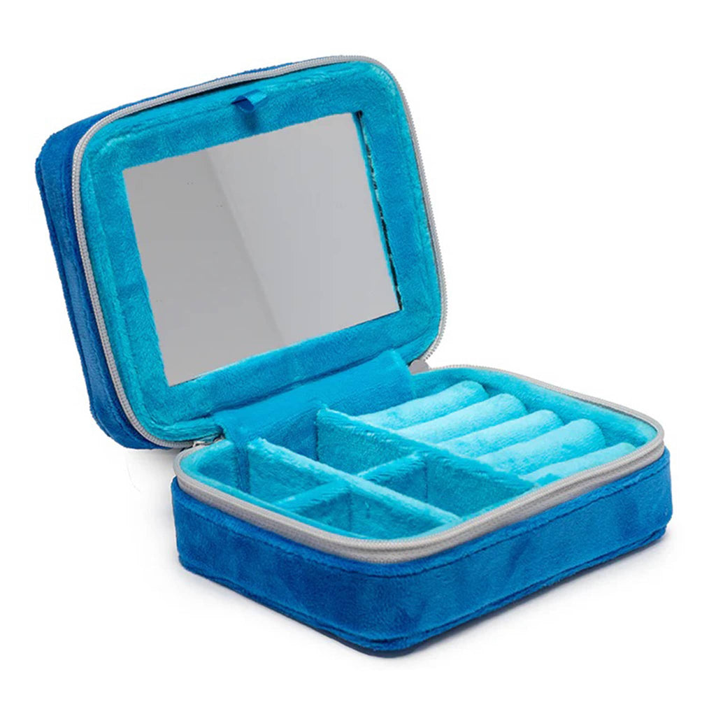 Living Royal rectangular blue velvet travel jewelry zip case with embroidered sardines design, open to shown compartments and built-in mirror inside.