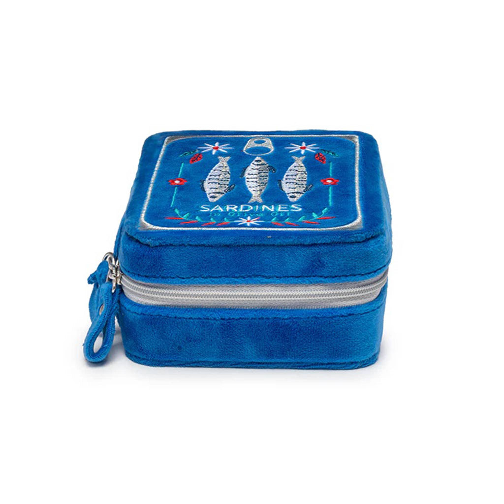 Living Royal rectangular blue velvet travel jewelry zip case with embroidered sardines design, side view.