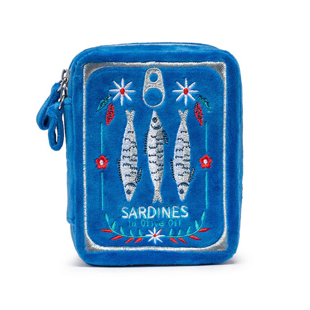 Living Royal rectangular blue velvet travel jewelry zip case with embroidered sardines design, top view.