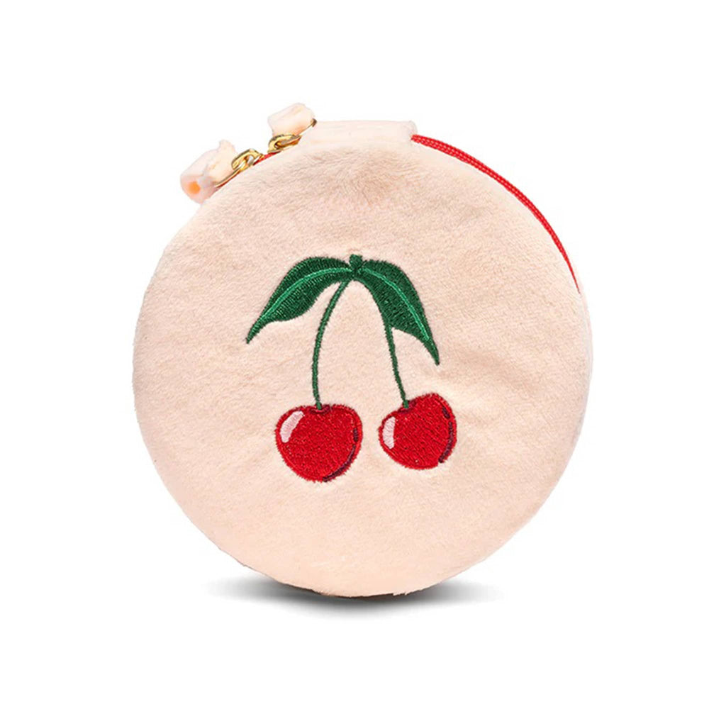 Living Royal round pink velvet travel jewelry zip case with embroidered cherries, top view.