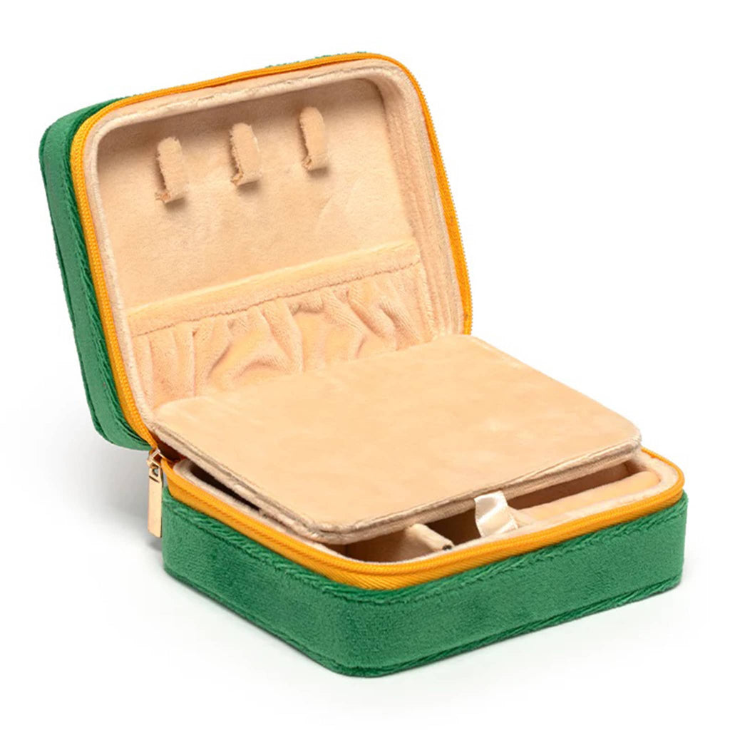 Rectangular green velvet jewelry case open showing interior compartments, on a white background.