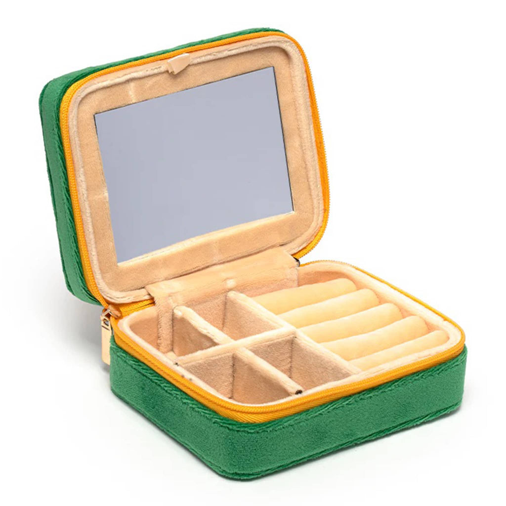 Rectangular green velvet jewelry case open showing interior compartments and mirror, on a white background.