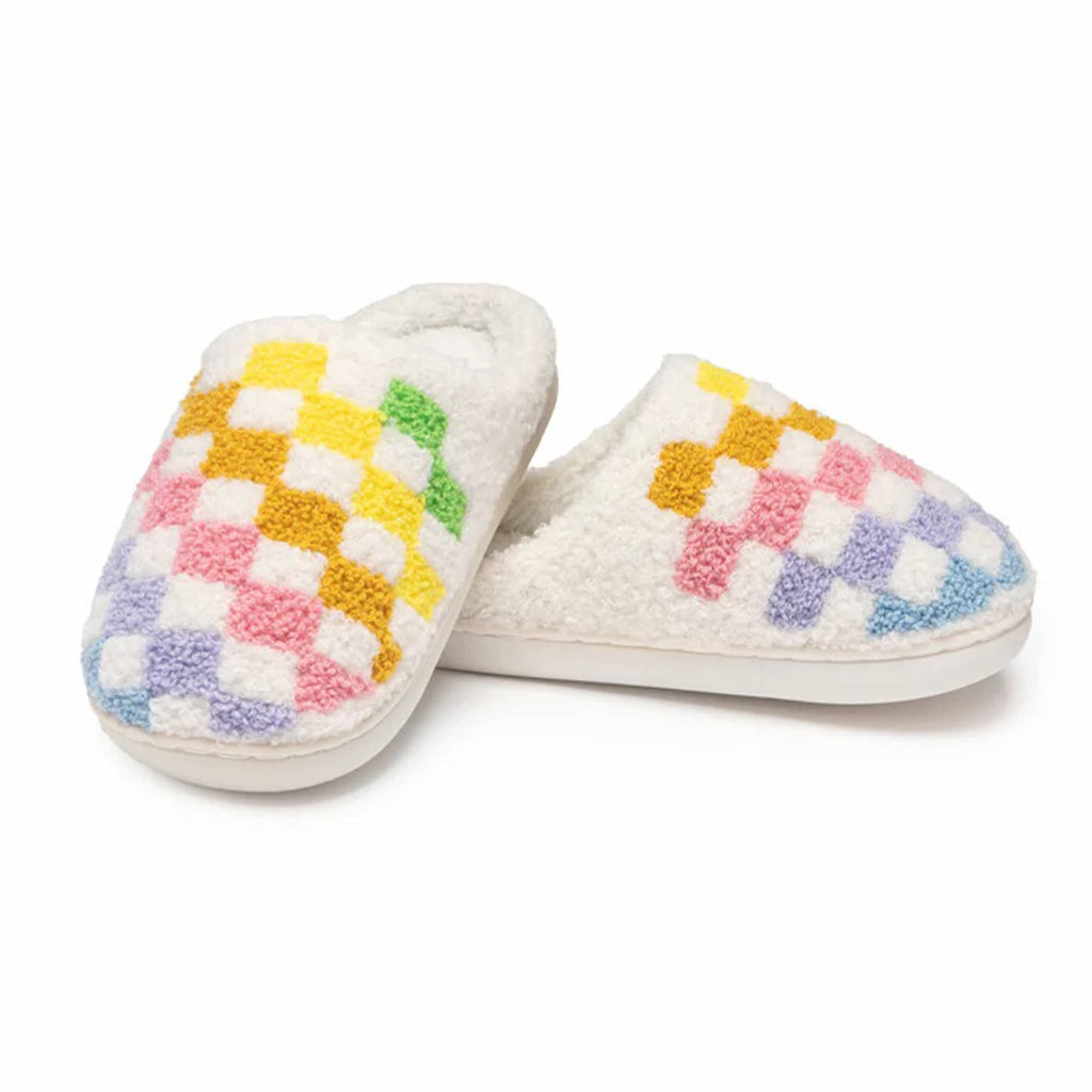 Living Royal Rainbow Checker Slippers, front and side view.