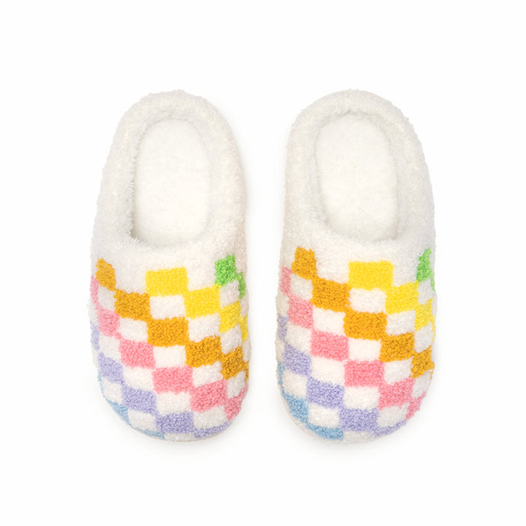 Living Royal Rainbow Checker Slippers, overhead view.