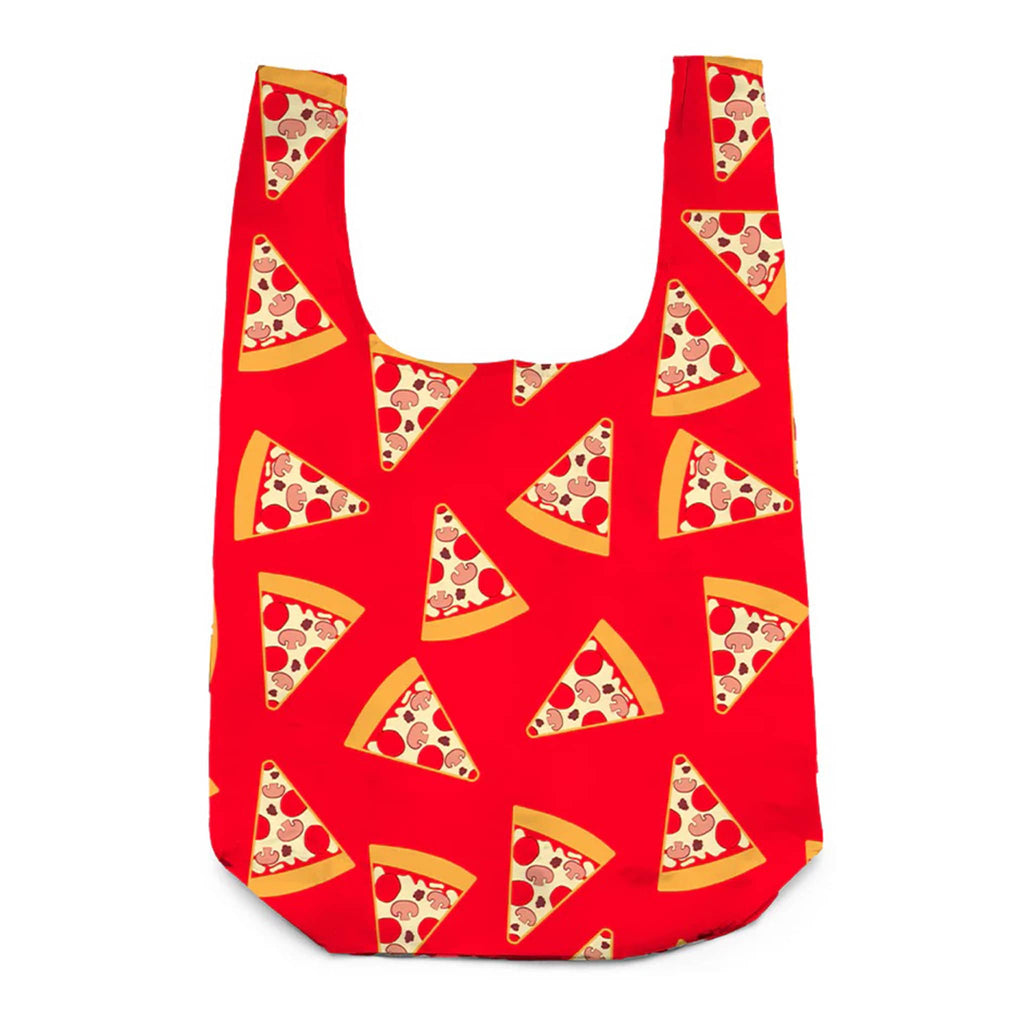 Red reusable bag with pizza slice pattern on a white background.