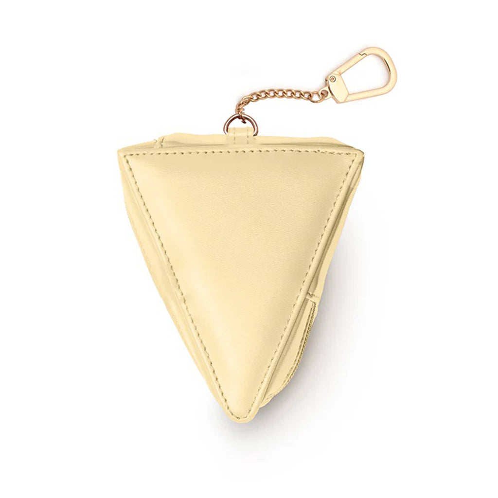 Triangular tan keychain pouch on a white background.