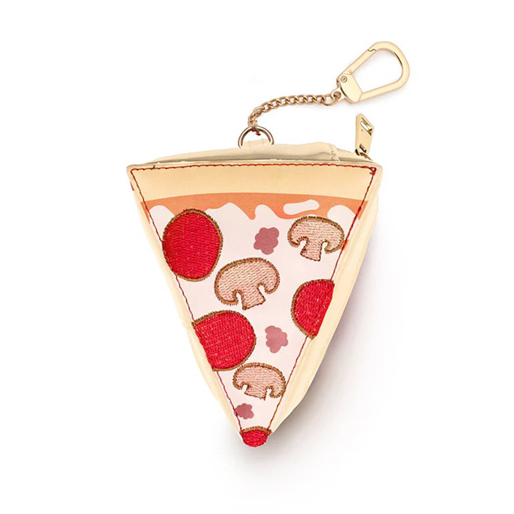 Triangular pizza-shaped keychain bag charm with mushroom and pepperoni design on a white background.