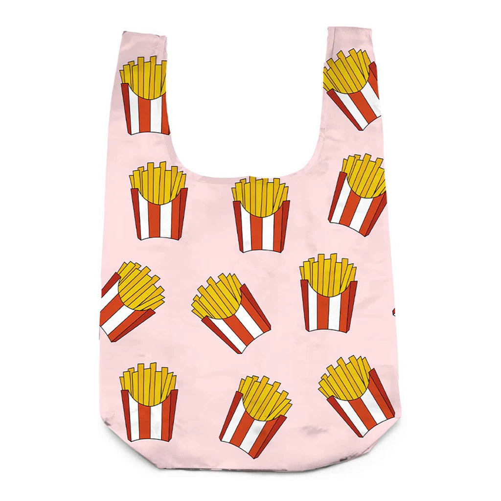 Reusable shopping bag with French fry pattern on a pink background.