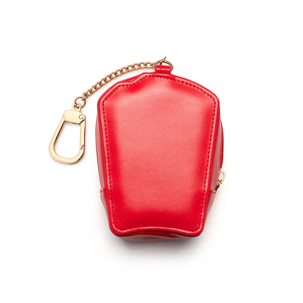 Red keychain bag charm with gold chain on a white background.