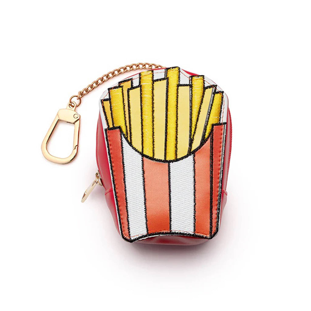 Bag charm shaped like a bag of fries with a gold chain on a white background.