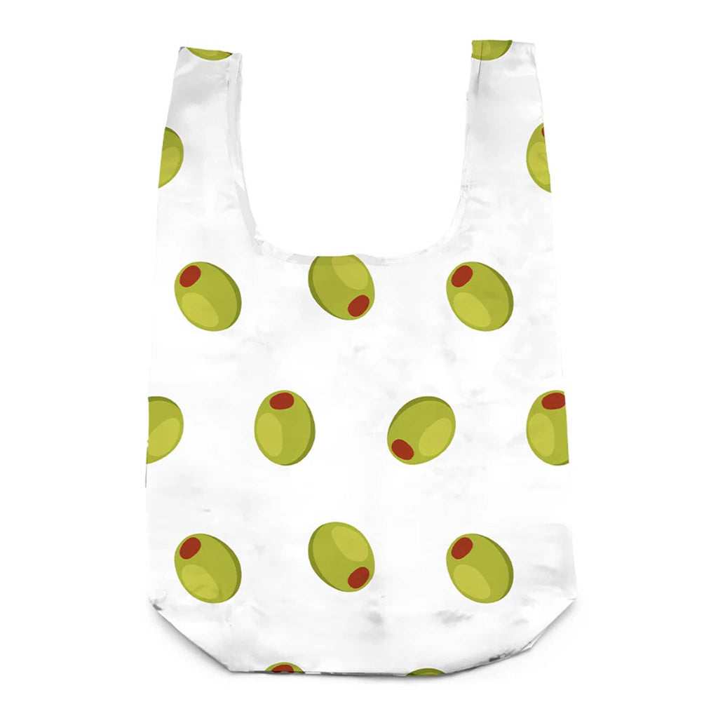 White reusable bag with green olive pattern on a white background.