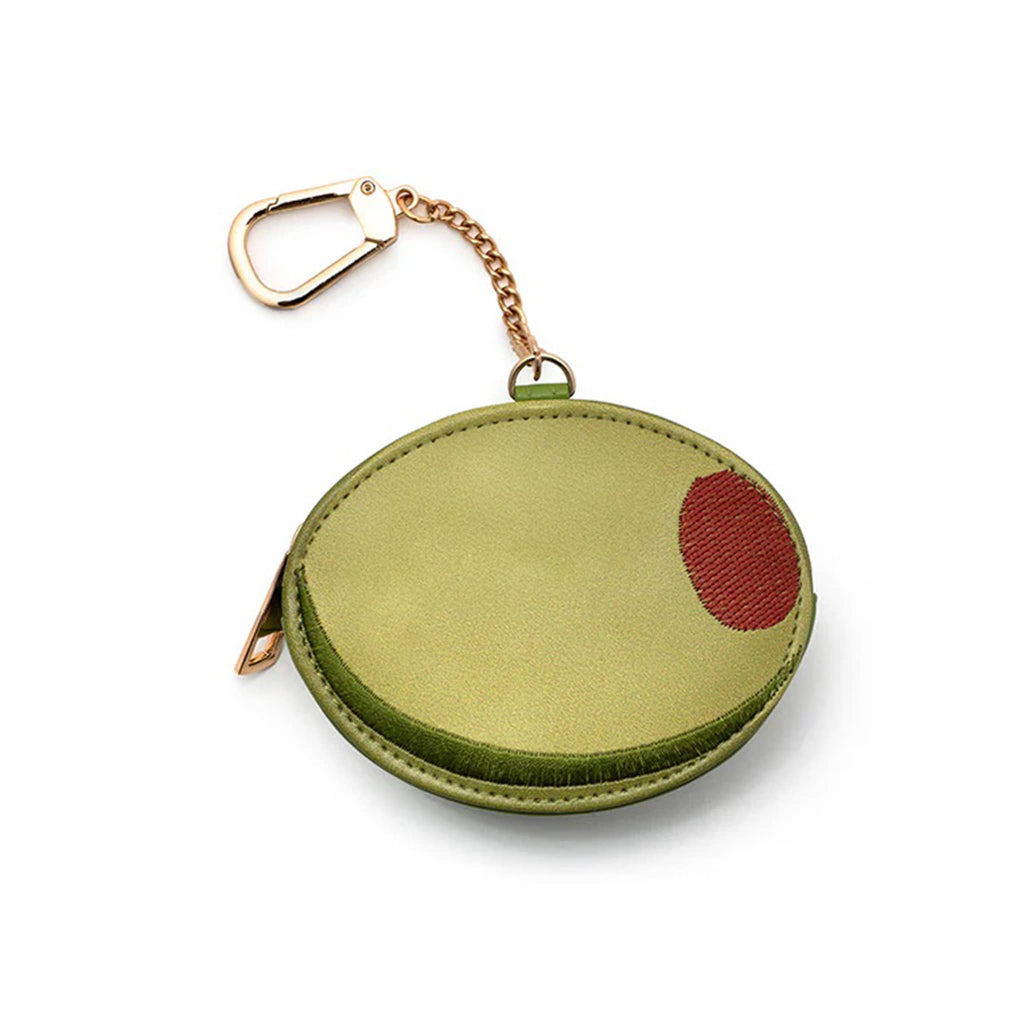 Green olive bag charm with a gold keychain on a white background.