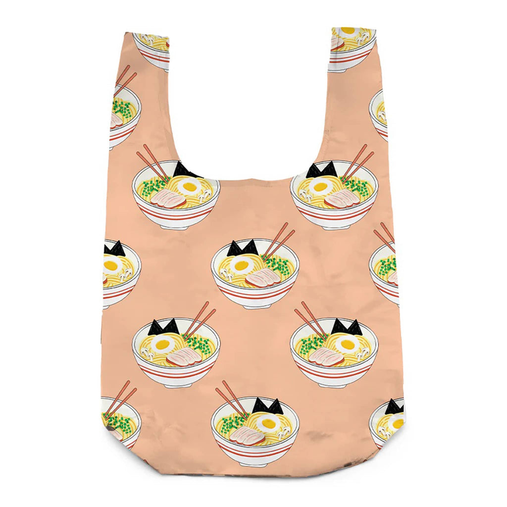 Reusable shopping bag with ramen bowl design on a white background.