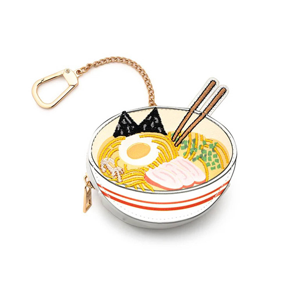 Bag charm shaped like a bowl of ramen with chopsticks and a gold keychain on a white background.
