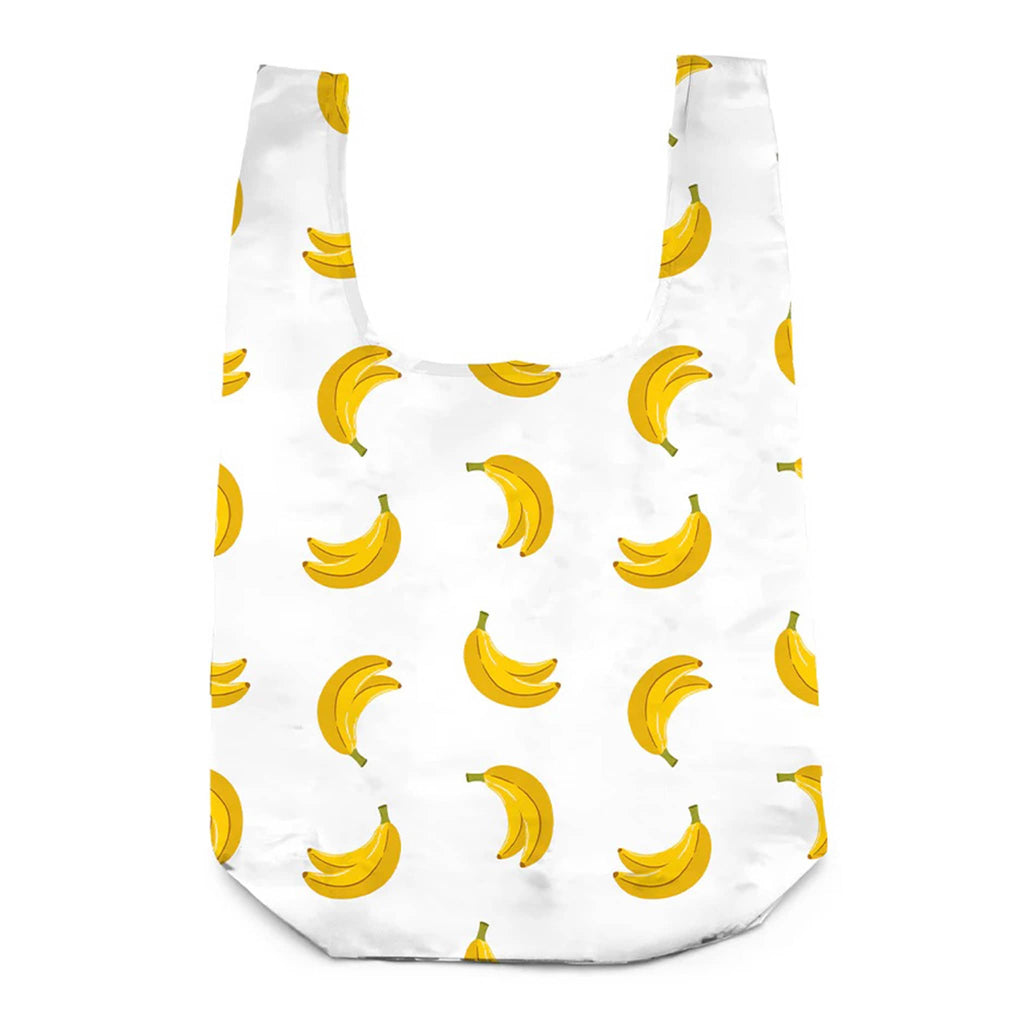 White reusable shopping bag with yellow banana pattern on a white background.