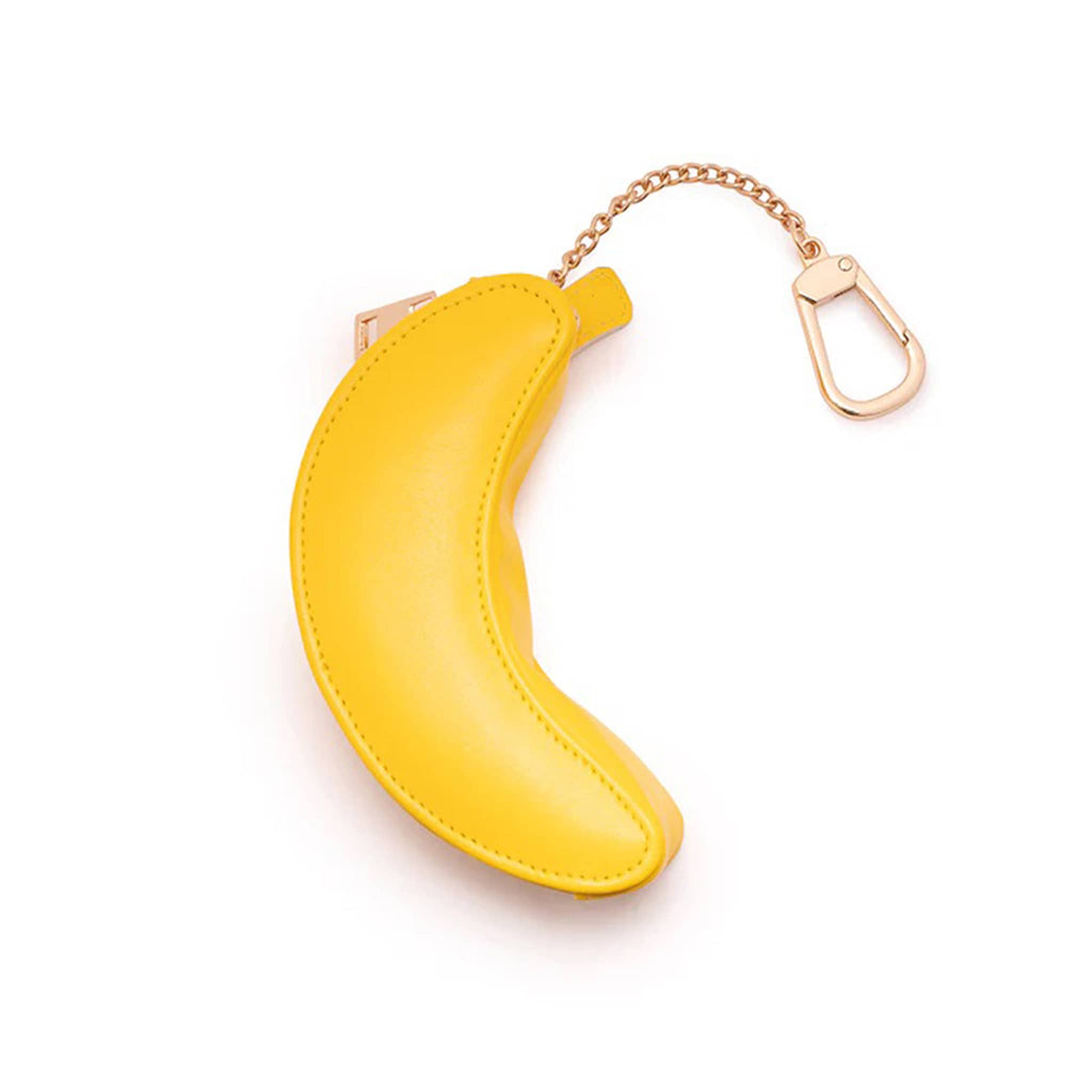 Yellow banana-shaped bag charm with a gold chain on a white background.