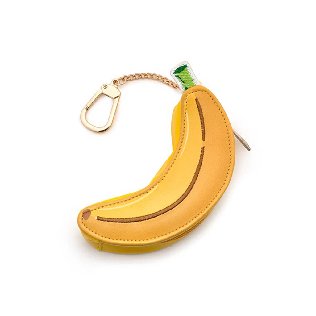 Banana-shaped bag charm with gold tone keychain on a white background.