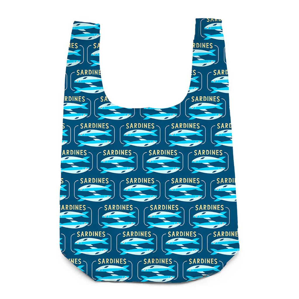 Dark blue reusable shopping bag with sardine can pattern on a white background.