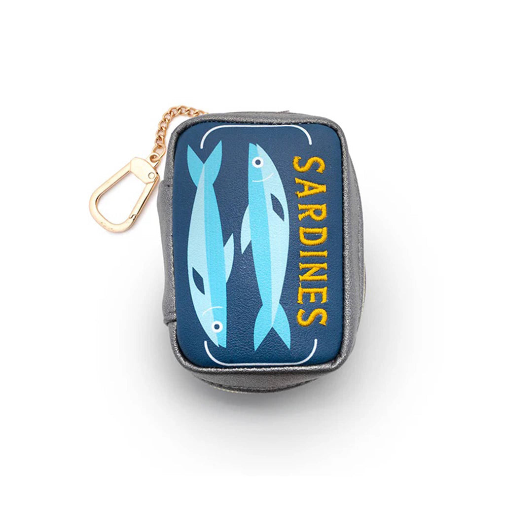 Sardine tin-shaped bag charm with gold tone keychain on a white background.