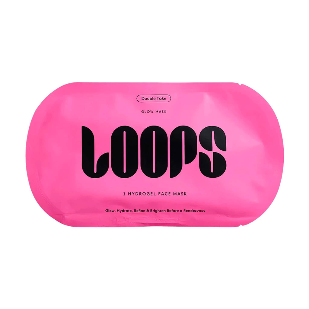 Pink packaging of LOOPS Double Take Glow Hydrogel sheet mask with black text on a white background.