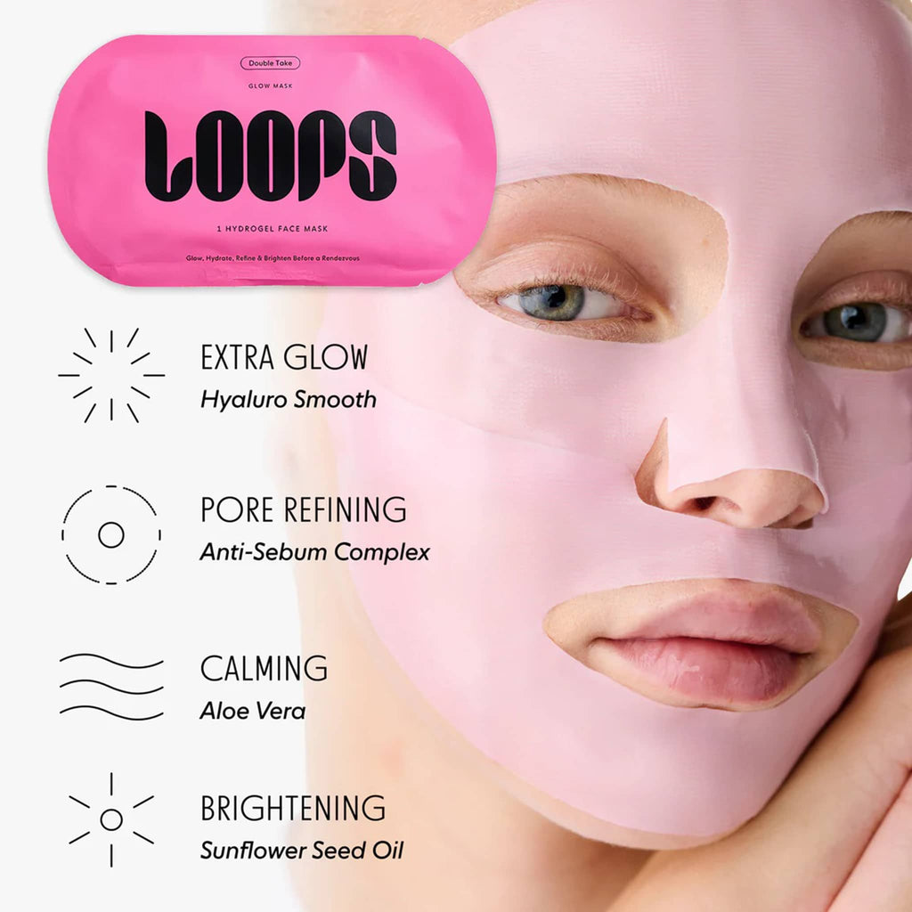 Pink face mask on model with 'LOOPS' packaging and text highlighting benefits on a blurred background.