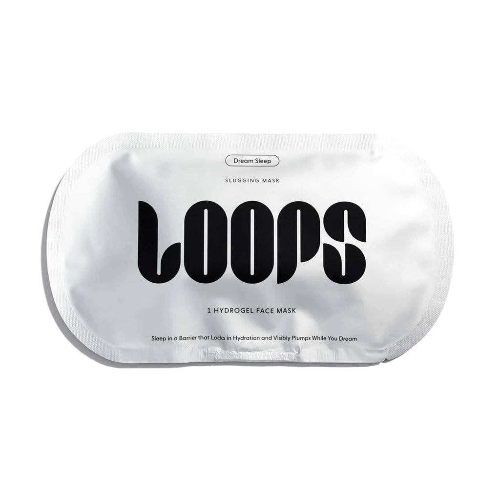 Silver packaging of LOOPS Dream Sleep Slugging Hydrogel sheet mask with black text on a white background.