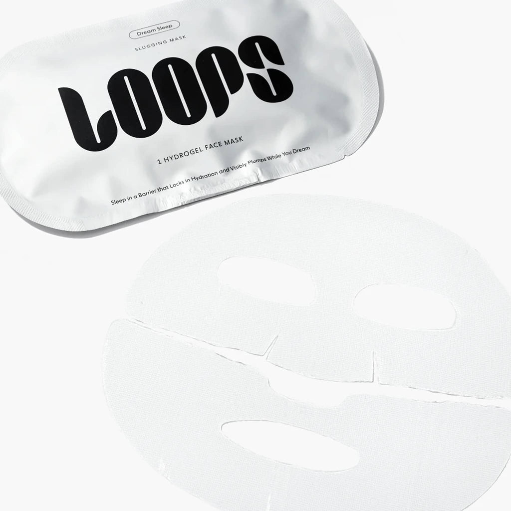 Loops white hydrogel face mask with silver packaging on a white background.