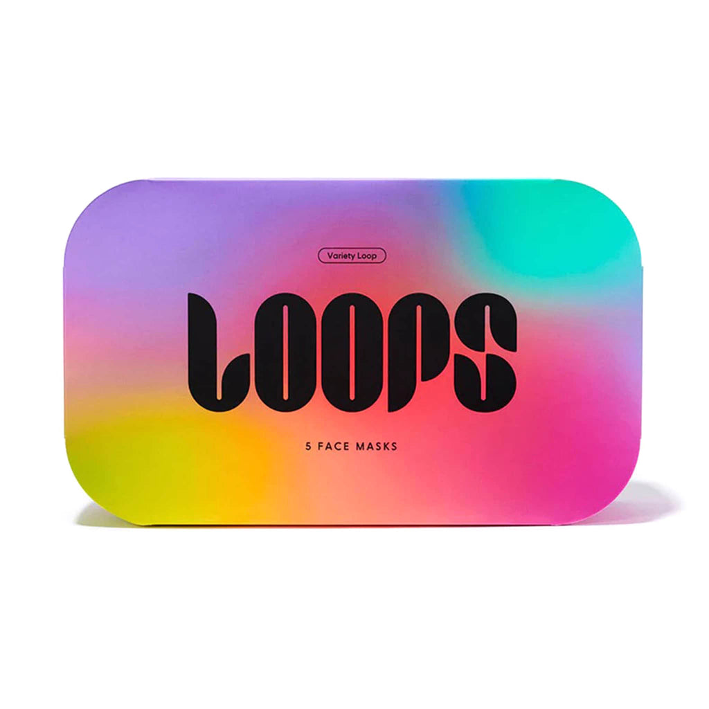Colorful packaging of LOOPS face masks variety pack with gradient effect on a white background.