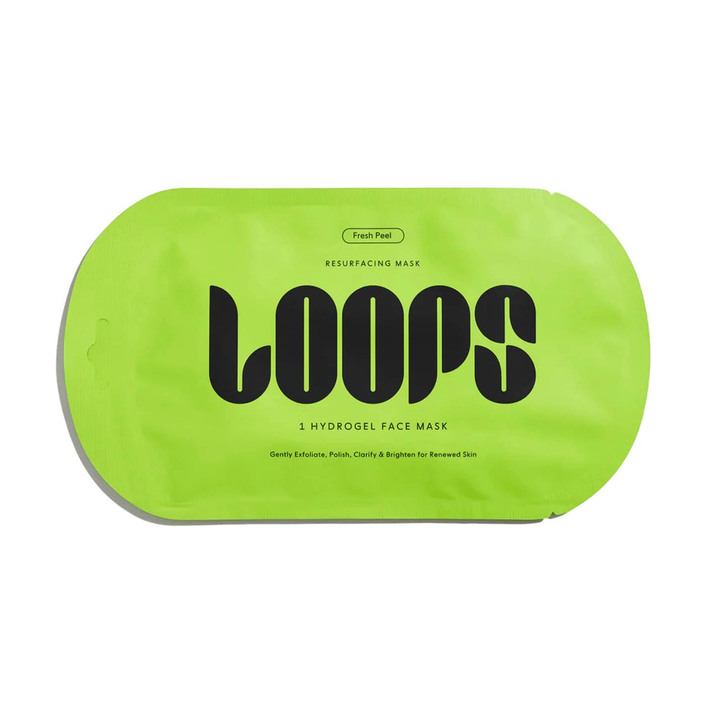 Green packaging of LOOPS Fresh Peel Resurfacing Hydrogel sheet mask with black text on a white background.