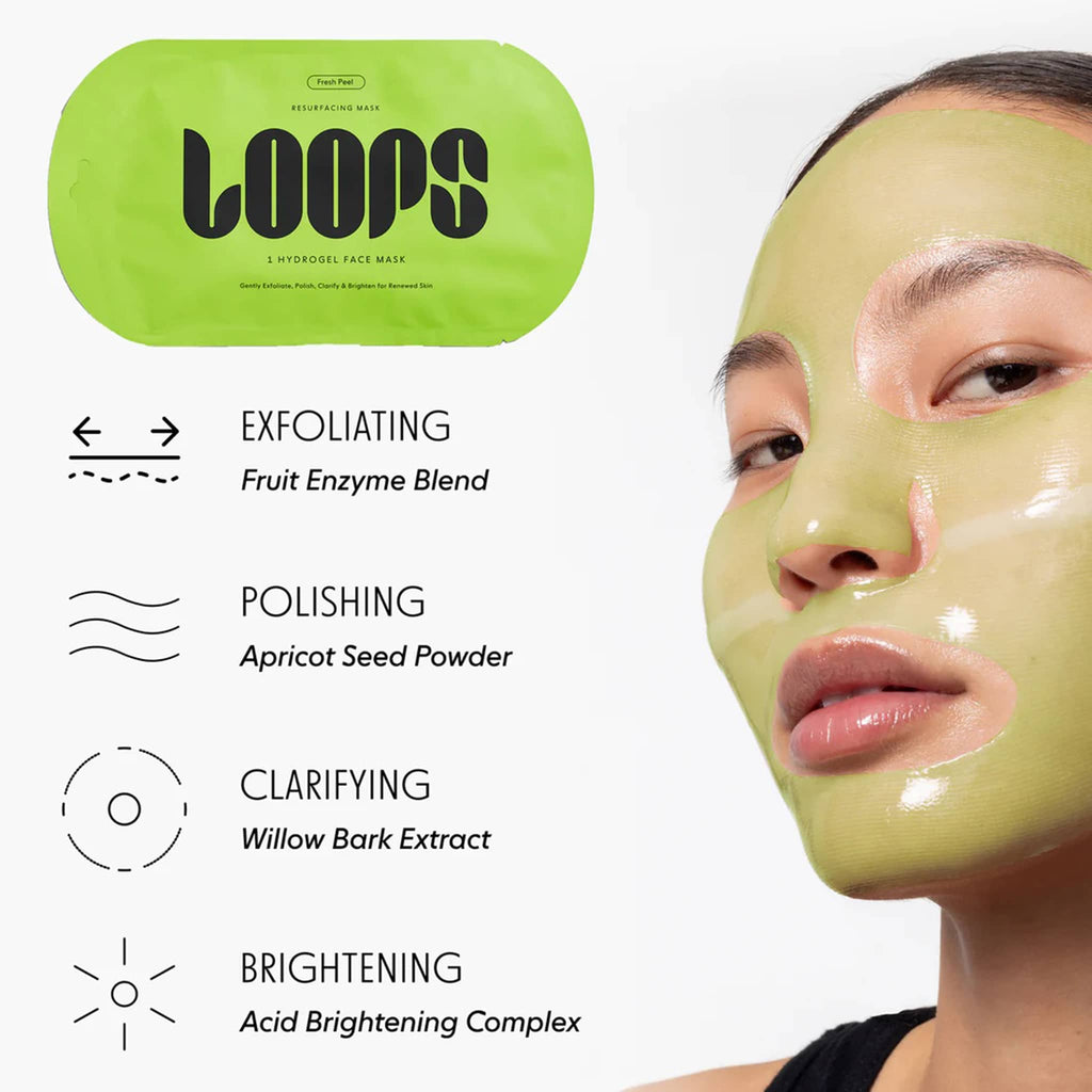 Green face mask on model with 'LOOPS' packaging and text highlighting benefits on a blurred background.